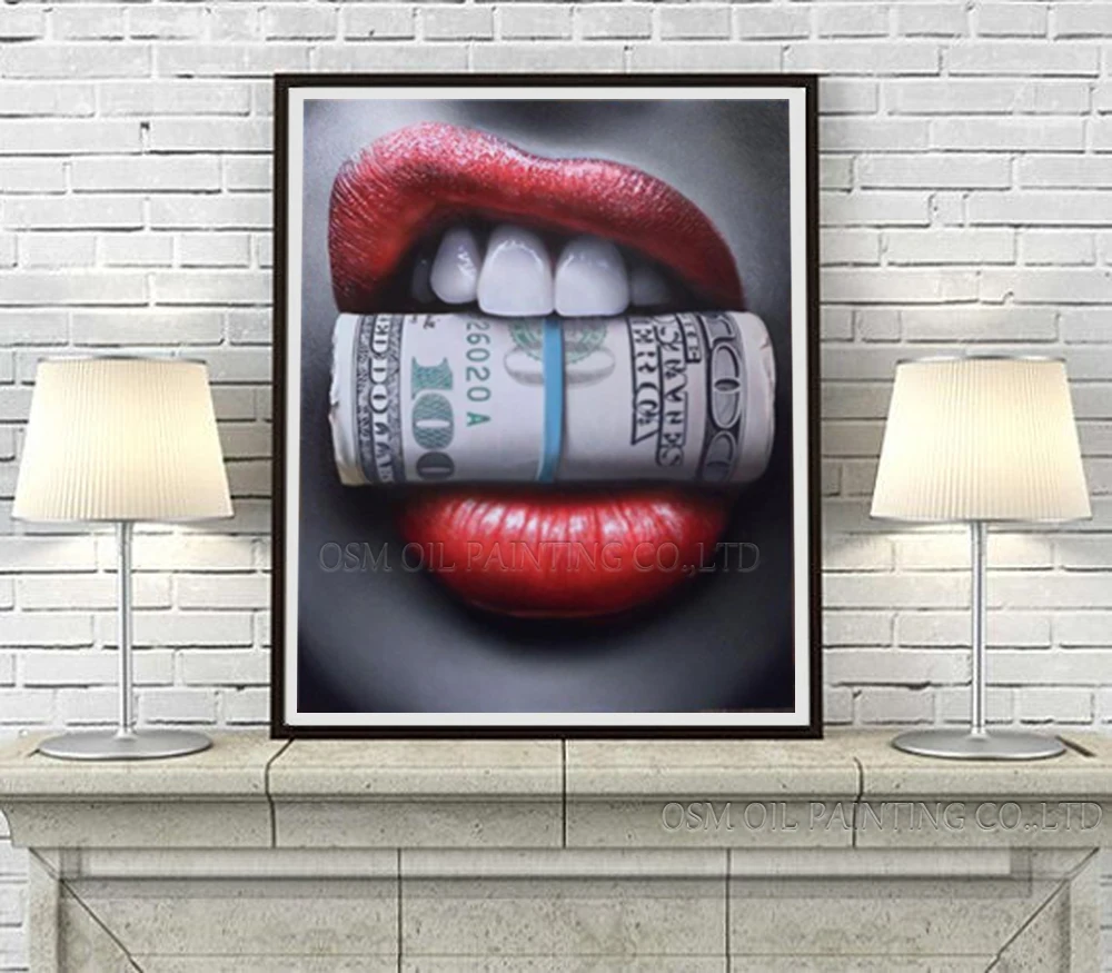 Professional Artist Handmade High Quality Modern Art Oil Painting on Canvas Lips Biting Dollar Cash and Diamond Oil Painting