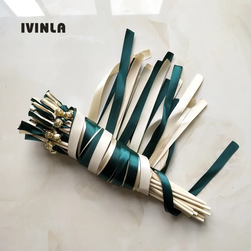 

50pcs/lot Cream and green wedding Ribbon Wands with bell for wedding decoration