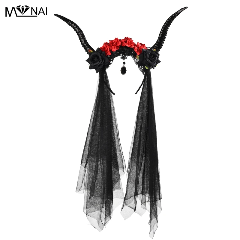 Halloween Antler Headband Party Photography headdress with roses & Veil Elegant Crystal Pendant Evil Horns Gothic Steam Punk