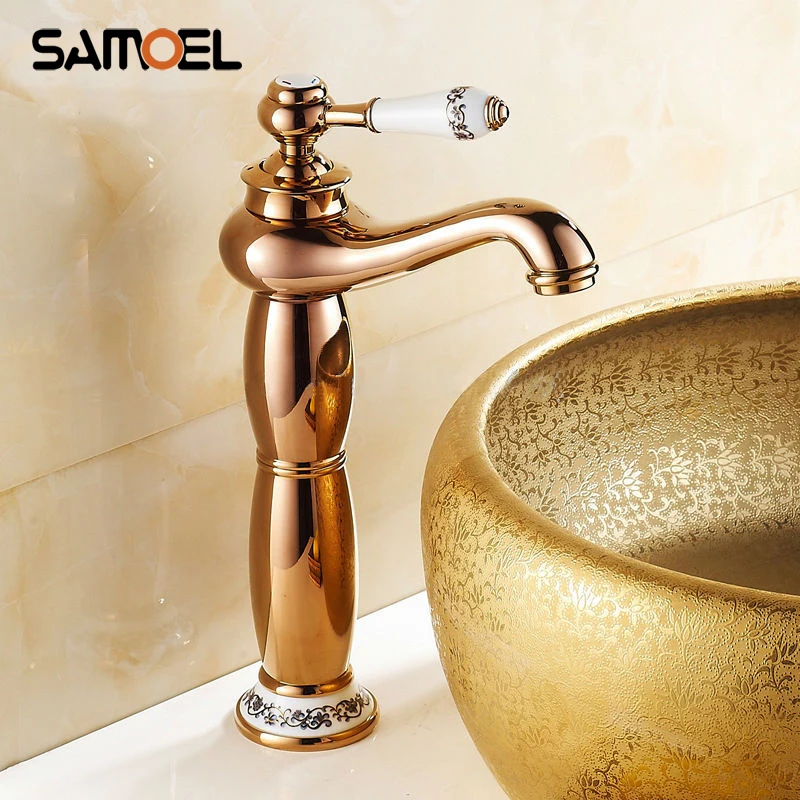 

Hot Sell Porcelain Basin Golden Finish Faucets Bathroom Copper Antique Brass Torneira Hot and Cold Rose Gold Crane RS303