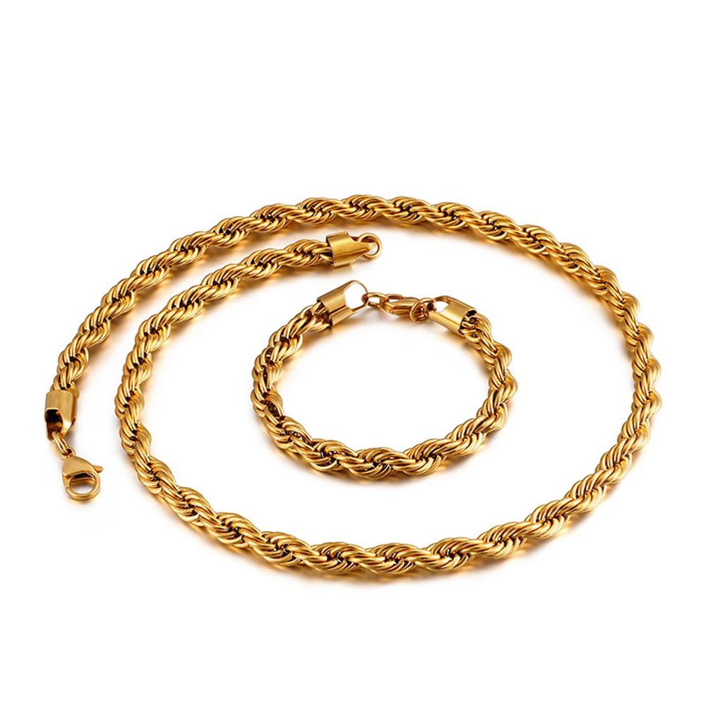 6/8mm HipHop Twisted Rope Necklace Bracelet For Men Women Gold Color Thick Stainless Steel Hippie Rock Chain Long/Choker Jewelry