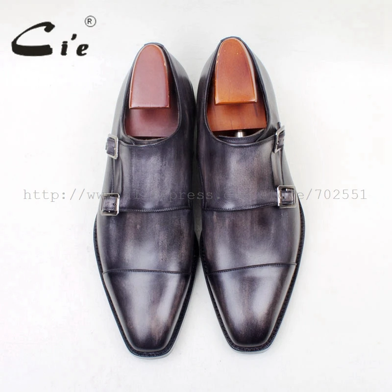 cie Square Cap Toe Handmade 100% Genuine Calf Leather Outsole Breathable Hand-Painted Grey Double Monk Straps Men Shoe MS143