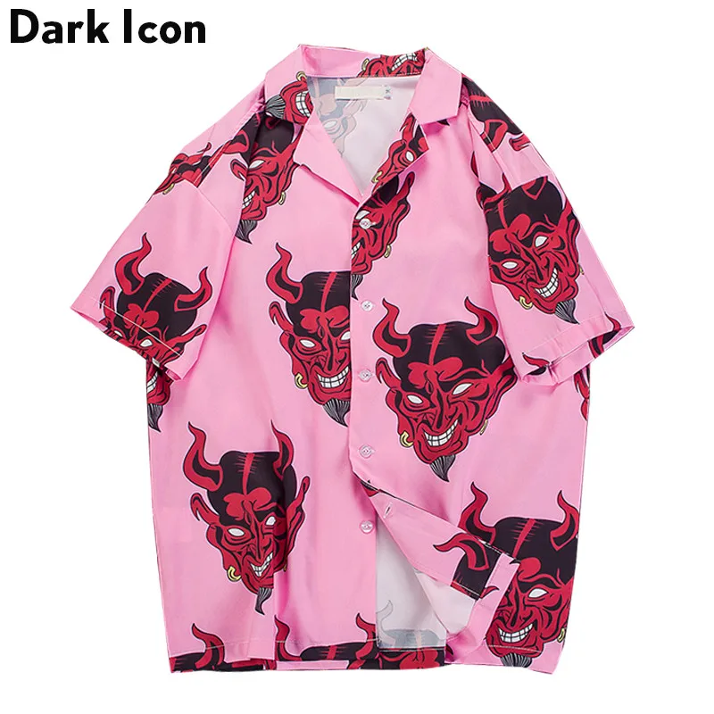 Devil Full Printing Turn-down Collar Casual Shirts Men 2018 Summer High Street Men's Shirts Pink /Purple