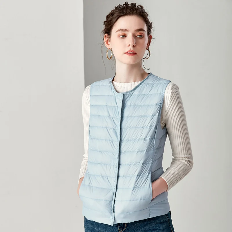 New Causal Women White Duck Down Vest Ultra Light Vest Jacket Winter Weightless Round Collar Sleeveless Coat