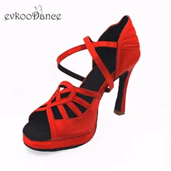 Evkoodance scarpe da ballo latino rosse professionali 1.5cm flatform 10cm tacco alto in raso Salsa scarpe da ballo da sala fai da te donna Evkoo-518