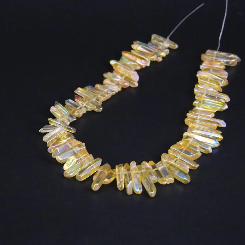 

15.5"strand Polished Yellow AB Titanium Crystal Quartz Top Drilled Point Beads,Raw Crystal Stick Nugget Pendants Jewelry Making