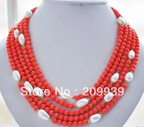 

lovers women good huij 00183 natural 5row 19" pink coral bead white baroque pearl NECKLACE 4.30