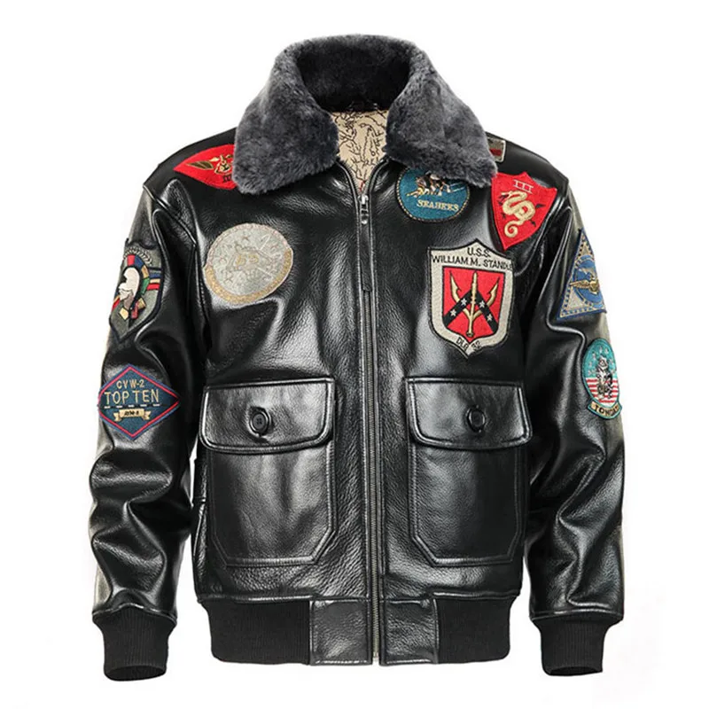 

2023 Men Black Top Gun Leather Pilot Jacket Plus Size 3XL Wool Collar Genuine Cowhide Military Leather Pilot Coat Can Customized