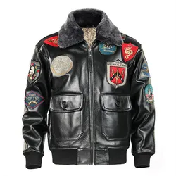 2023 Men Black Top Gun Leather Pilot Jacket Plus Size 3XL Wool Collar Genuine Cowhide Military Leather Pilot Coat Can Customized