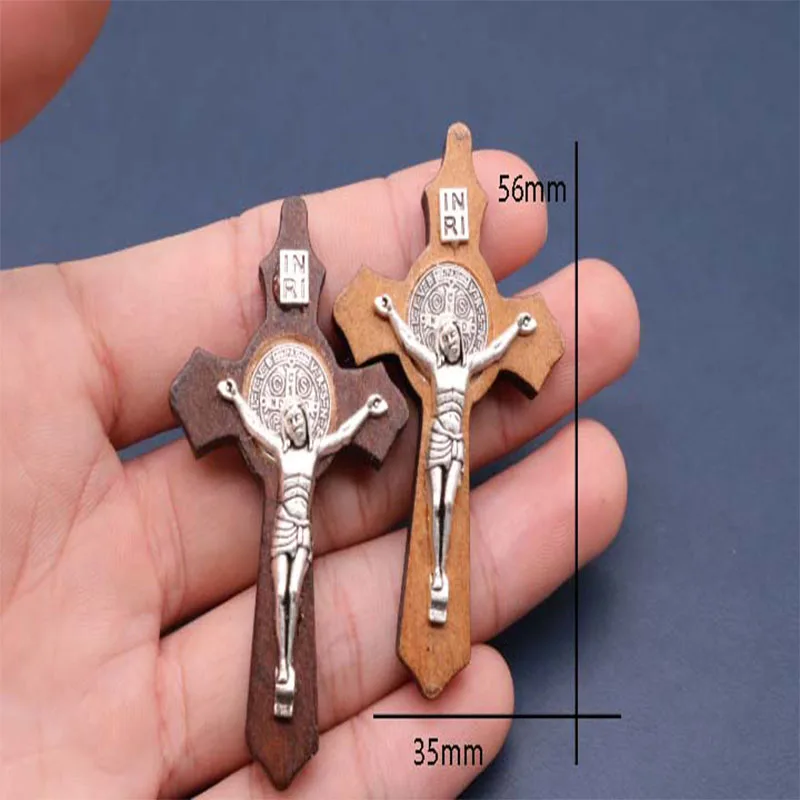 50 pieces of wood cross metal Jesus pendant charm small hole jewelry necklace religious bracelet accessories.50pcs