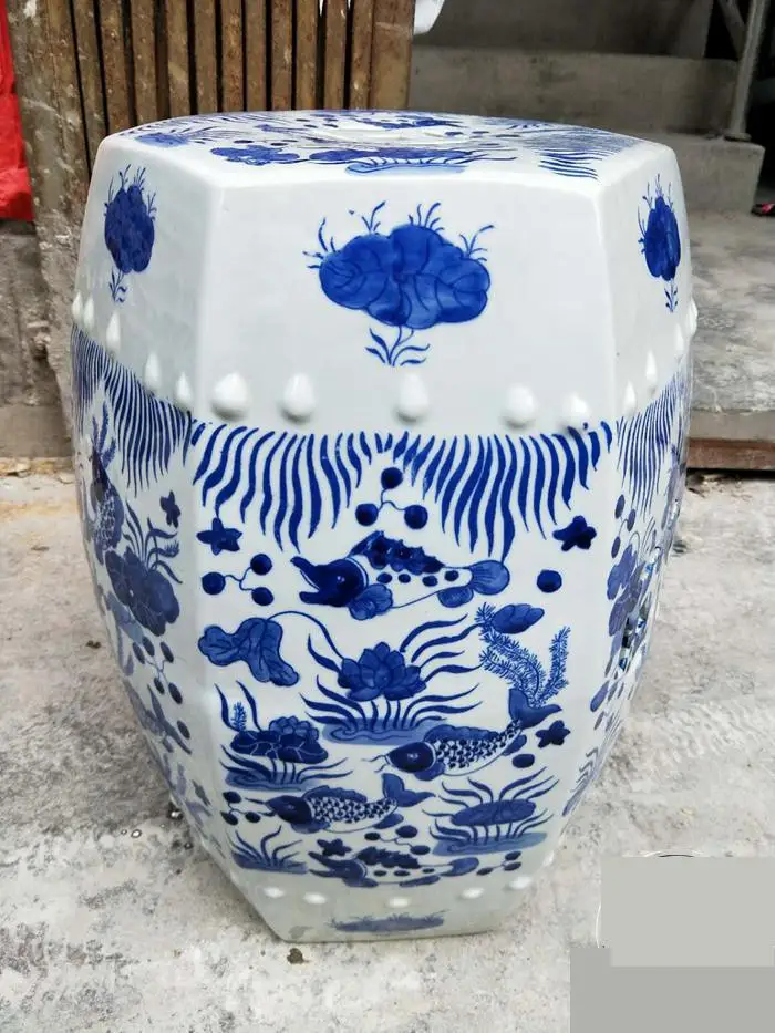 Jingdezhen Ceramic Stool Porcelain Stool Handpainted Blue And White Fish Octagonal Stool Outdoor Bathroom Balcony Stool