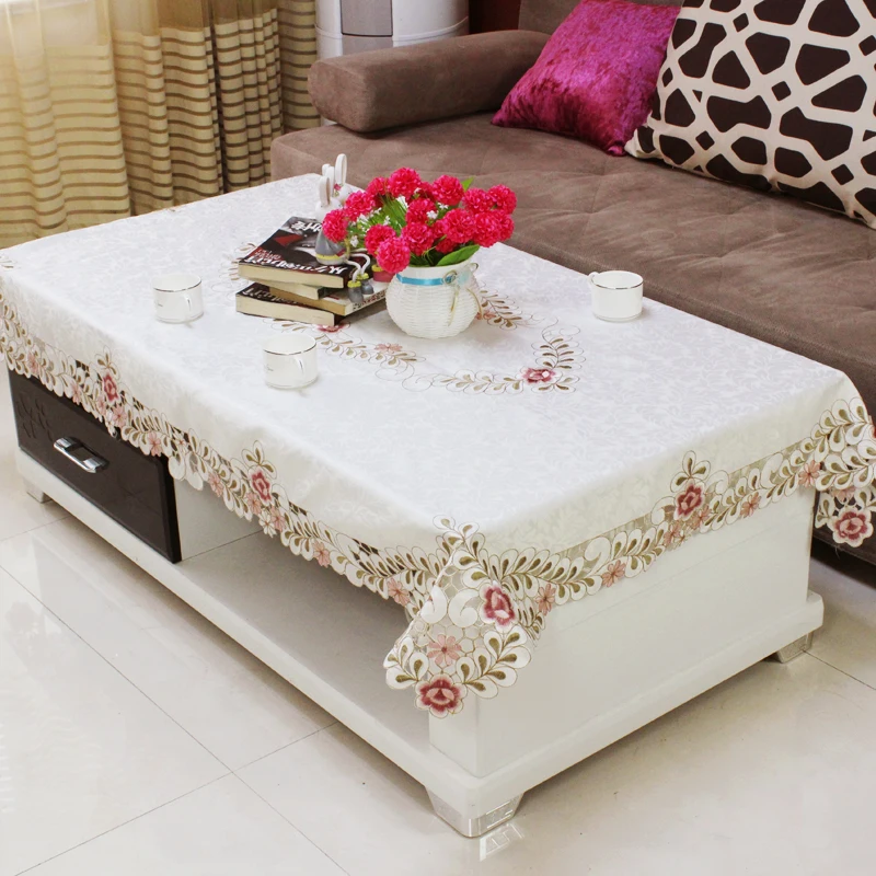 Home hotel dining wedding White Red Table Cloth with Lace Embroidered Floral Rectangular Tablecloth to table covers