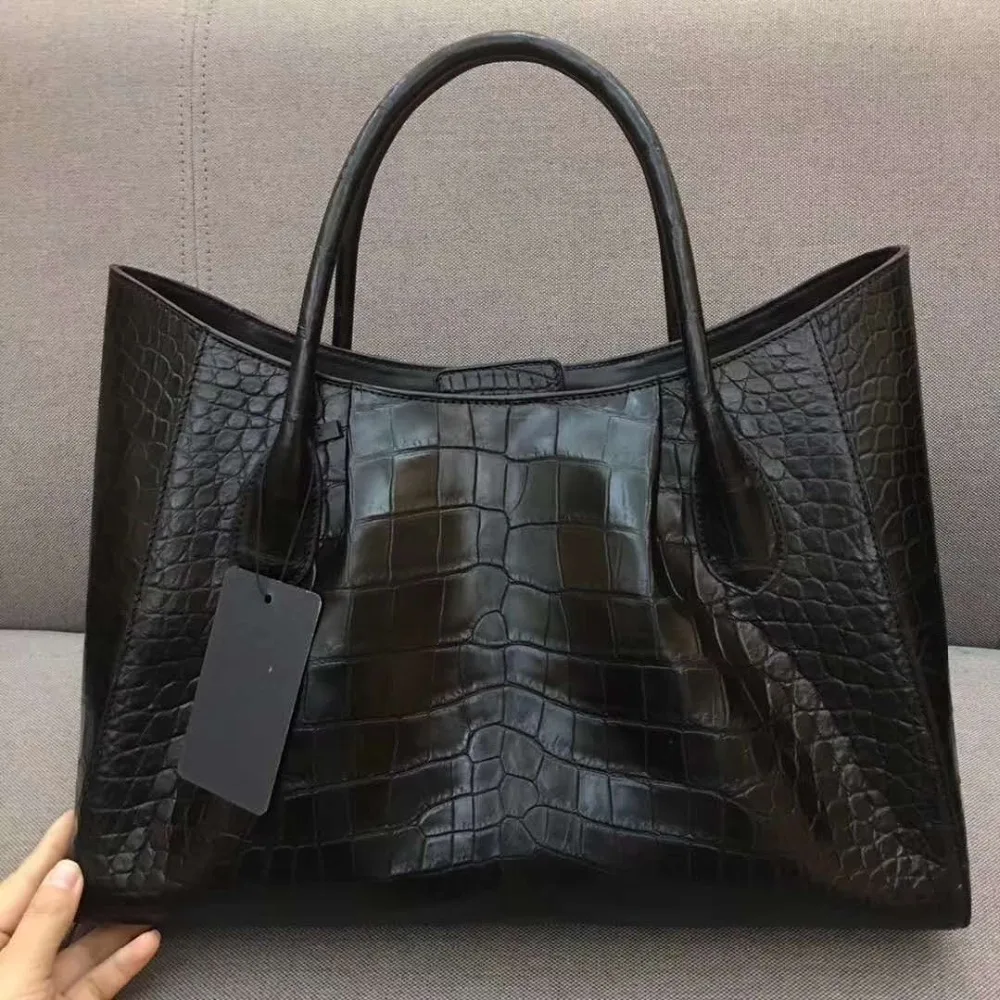 2018 latest Luxury top quality genuine crocodile belly skin women tote handbag big size top handle shop bag with zipper closure