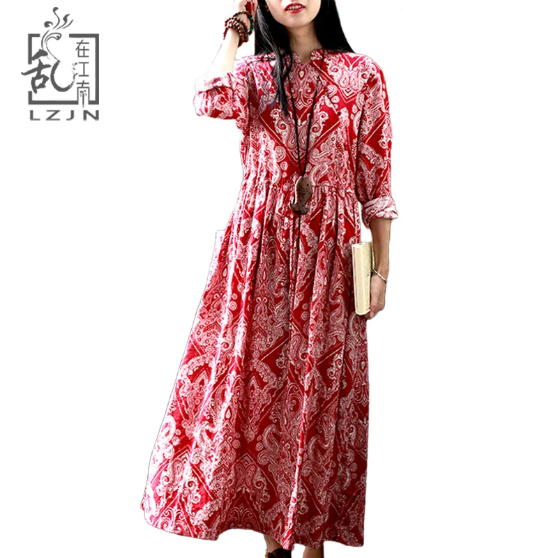 

LZJN Spring Summer Long Floral Dress Mori Girl Red Vintage Cotton Robe Femme Ethnic High Waist Shirt Dress with Pockets