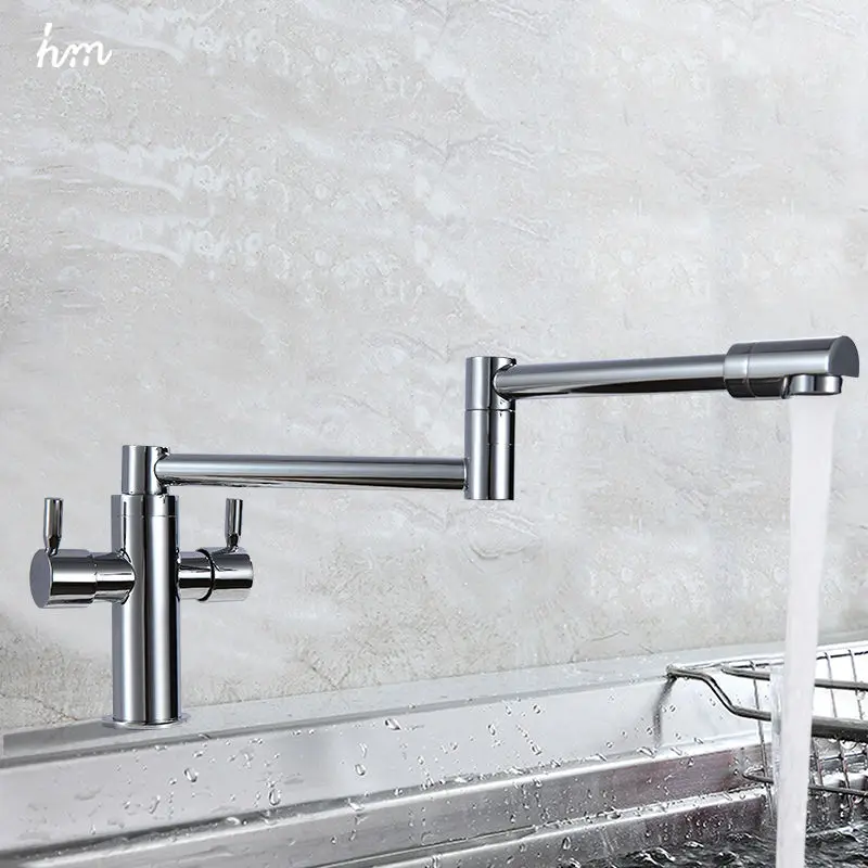 hm Bathroom Accessories Kitchen Sink Stretch Folding Mixer Taps Deck Mounted Dual Handle Brass Faucet Chrome Finished