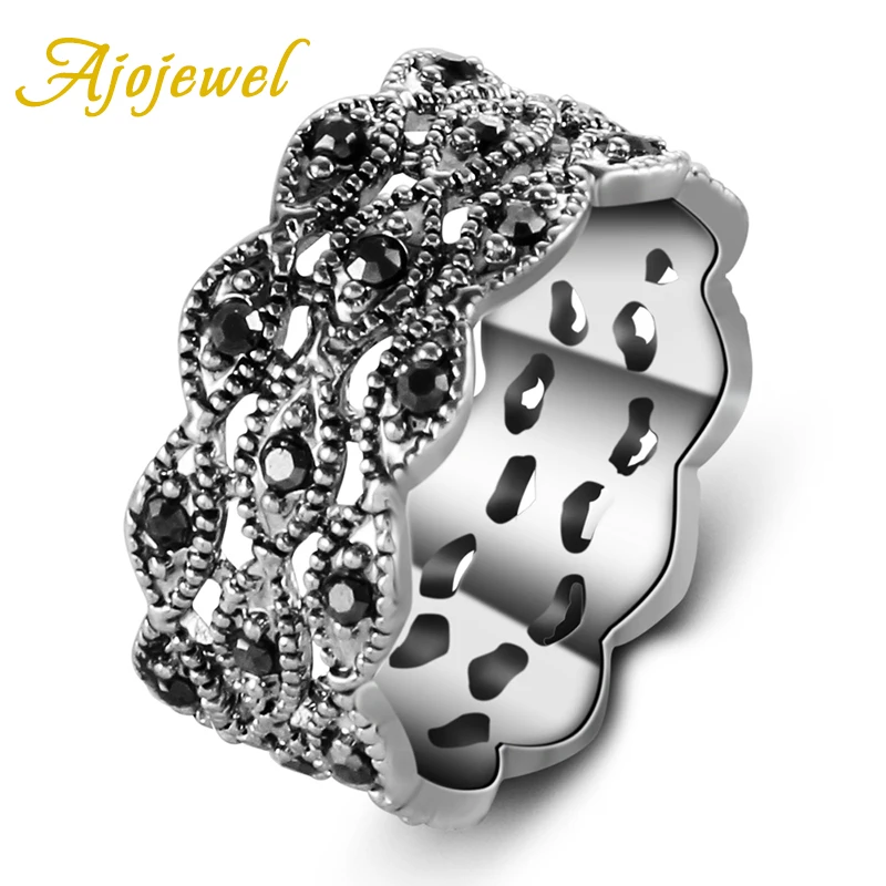 Ajojewel 3 Layer Rhinestone Ring Black Women Band Jewelry Vintage Items Collection Bague Bijouterie