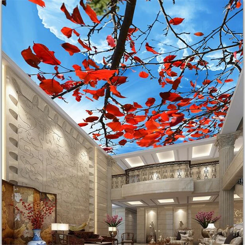 wellyu Custom large wallpaper 3d beautiful blue sky red leaves ceiling zenith fresco living room wallpaper papel de parede 3d