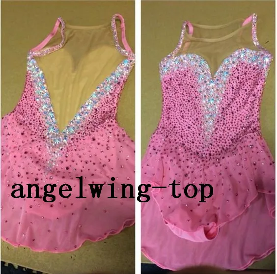 

Crystal Custom Figure Skating Dress Pink Ice Skating Dresses For Women Competition Skating Dress Girls Free Shipping NoSleeve