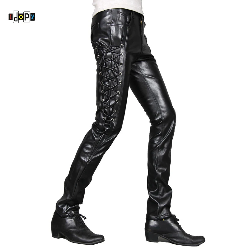 

Idopy New Mens Skinny Faux Leather Pants Personlity Steampunk Black Slim Fit Biker Leather Pants Gothic Trousers For Men