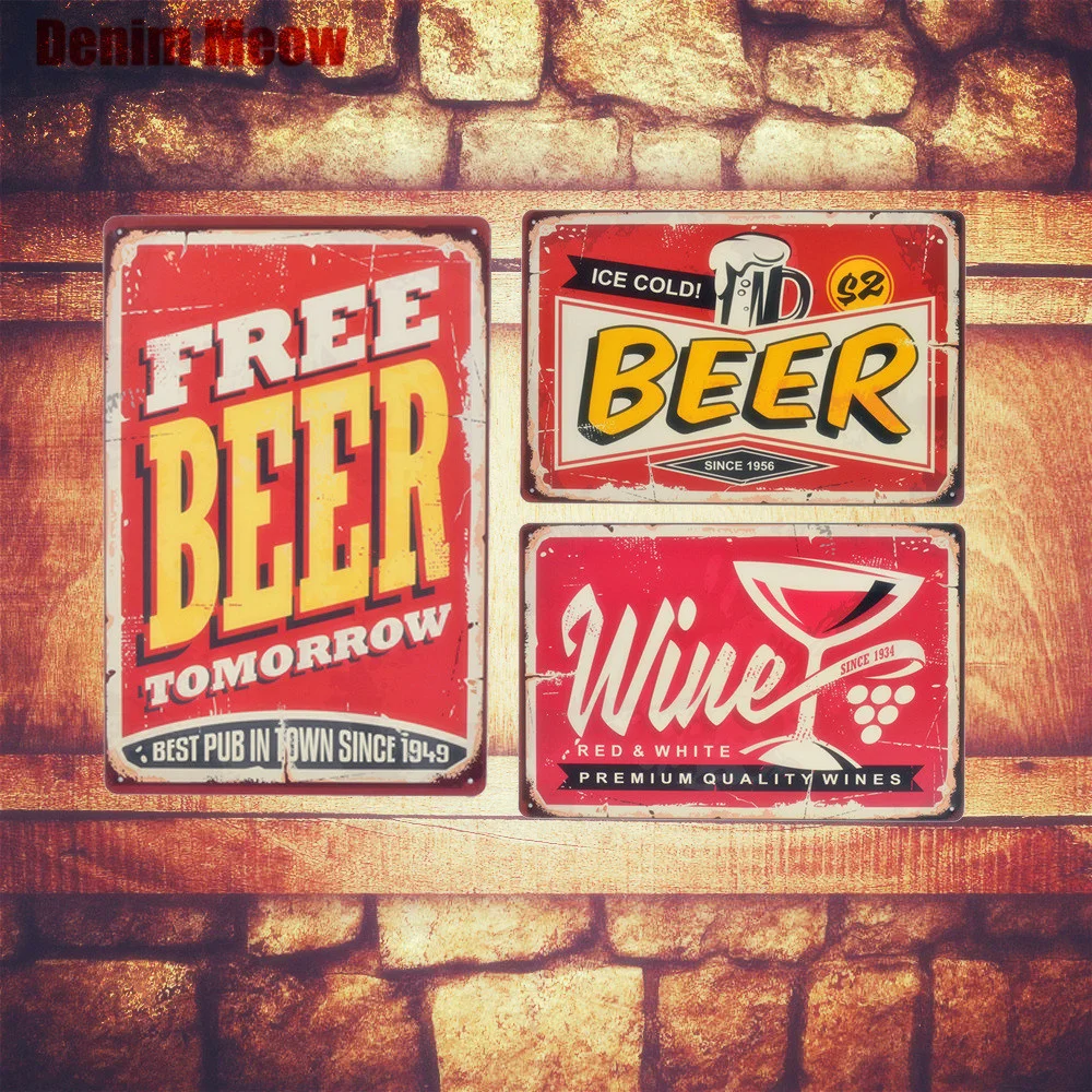 FREE BEER-Vintage Metal Tin Signs, Home Bar, Pub Decorative Plates, WINE Wall Stickers, Shop Billboard Iron Art Poster, N226