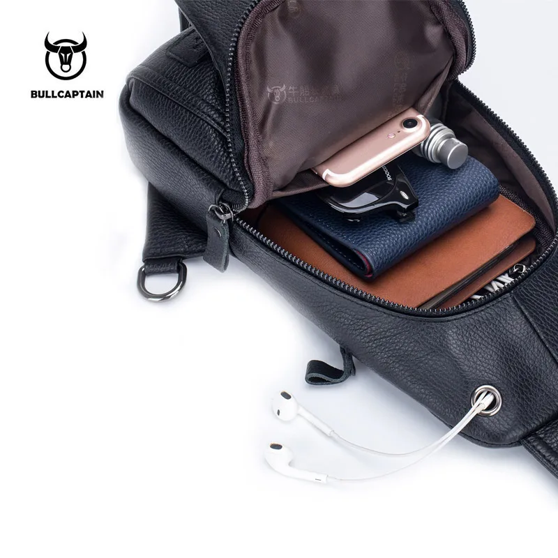 BULLCAPTAIN-Bolso de pecho para hombre, bandolera informal de cuero genuino, multifuncional, con cremallera para teléfono móvil