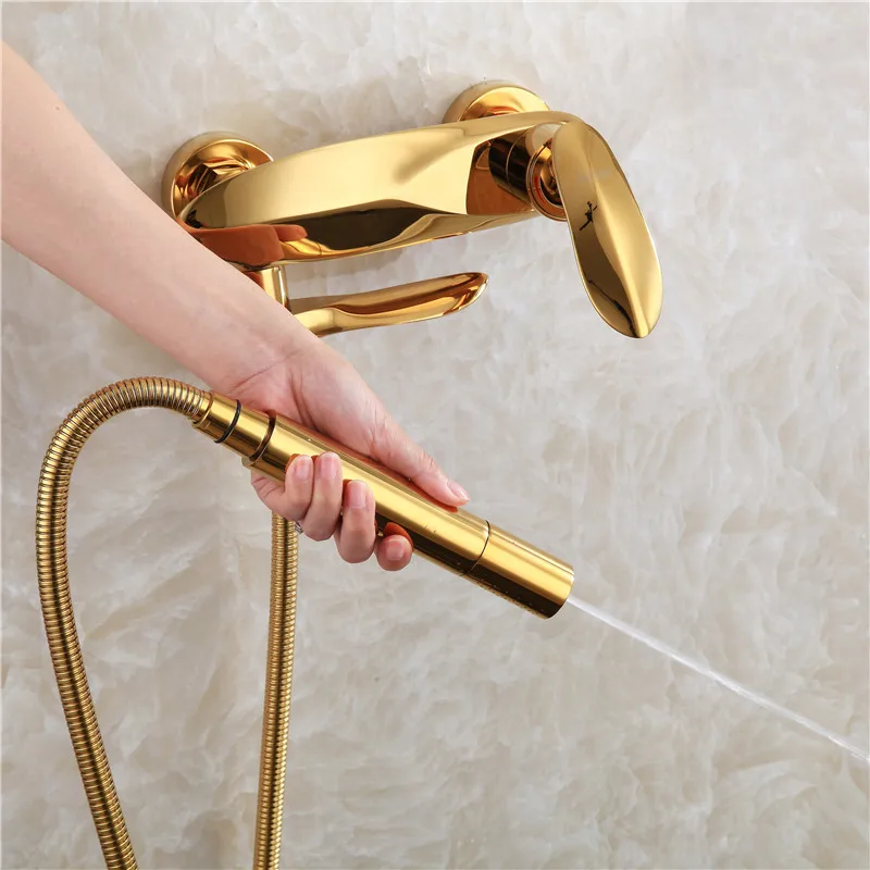 MTTUZK Nordic brass gold bath shower hot and cold water tap wall mounted titanium golden bathtub shower faucet set hanging wall