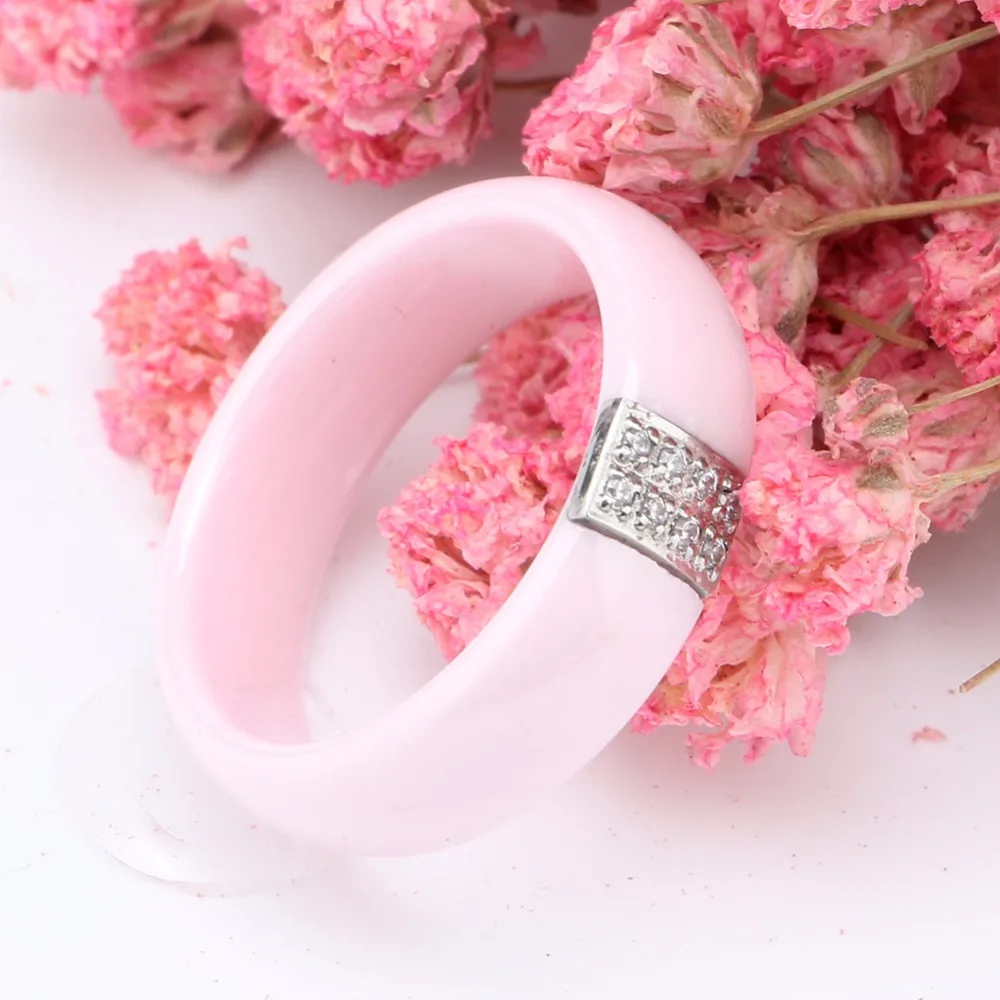 Hot Sale Pink Ring Women Stainless Steel Silver Plated Pink Ceramic Ring 6mm Natural Stone Brand Ring For Women Anniversary Gift