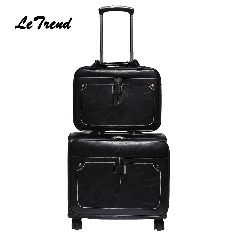 Letrend Men Business PU Leather Rolling Luggage Set Spinner Retro Trolley 18 inch Carry On Suitcases Wheel Women Travel Bag