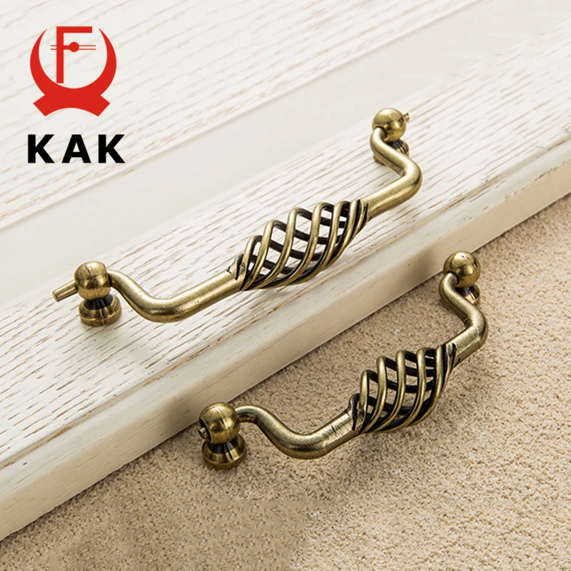 KAK Vintage Antique Bronze Cabinet Handles Hollow Out Birdcage Handles Drawer Knobs Wardrobe Door Pullers Furniture Handle