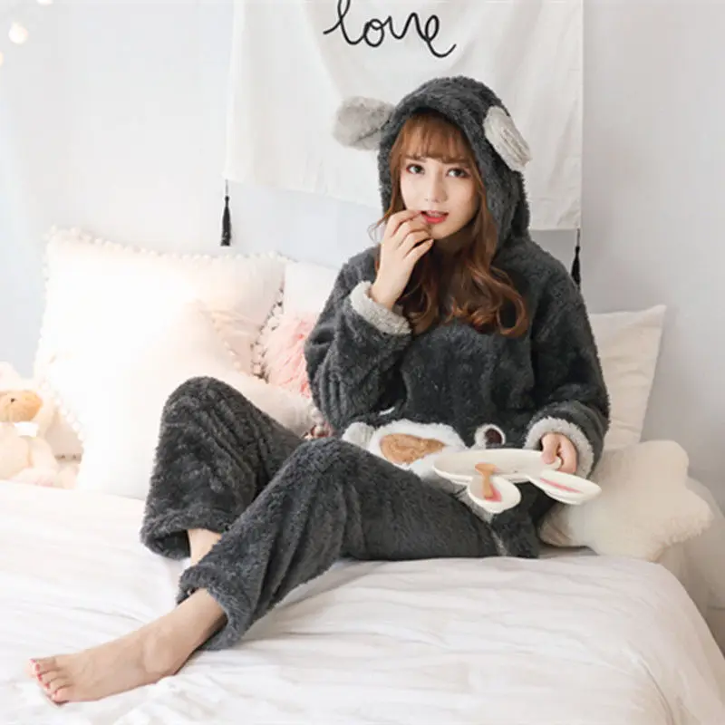 Two Piece Winter Women Pyjamas Thicken Flannel Pajama Sets  Lovely Bear Hoodie Cute Pijama Long Nightgown Sleepwear