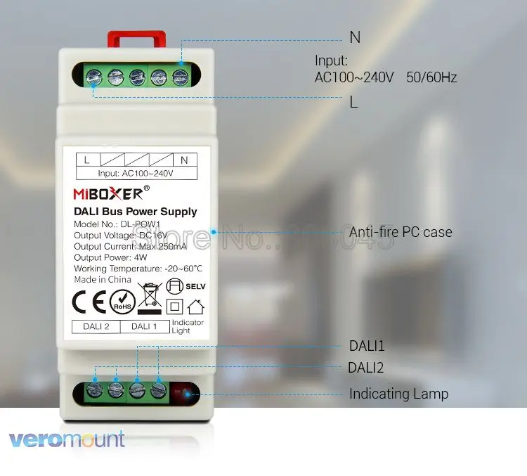 Miboxer DIN Rail DALI Bus Power Supply DL-POW1 DC16V 4W Max250mA AC 110V 220V DALI RGB CCT LED Strip Downlight Transformer