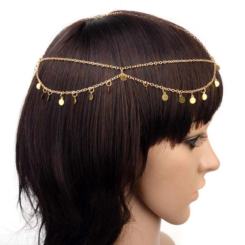 Women Metal Head Chain Hairpiece Headband Fashion Jewelry Multilayers Tassel Round Pendant Head Chain Hair Accessories Jewelry