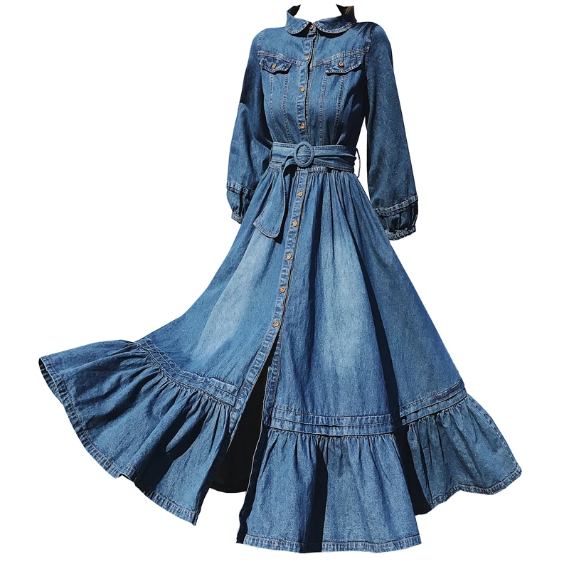 spring new vintage lantern sleeve denim dress women high waist single breasted ruffles big swing long jeans dress