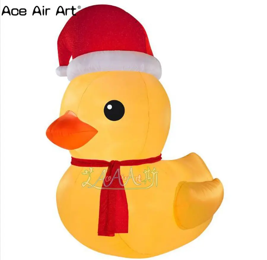 Customized Lovely inflatable Christmas Yellow Duck with Red Hat Standing Mascot Balloon with Red Hat for Promotion