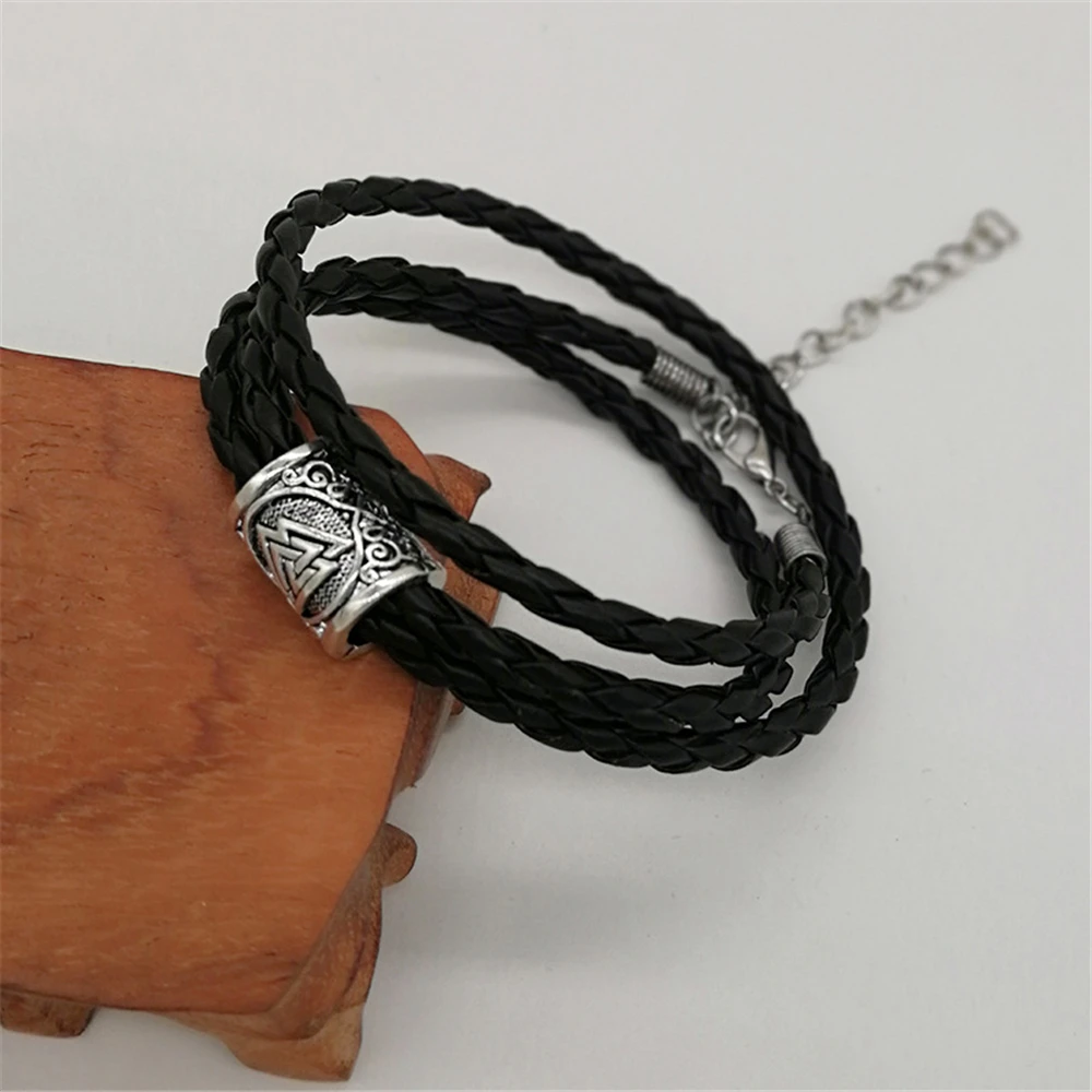 Men Leather Black Multilayers Viking bracelets Runes Charms Beads Norse Viking Pagan Valknut Amulet Odin DIY Bracelets Bangles