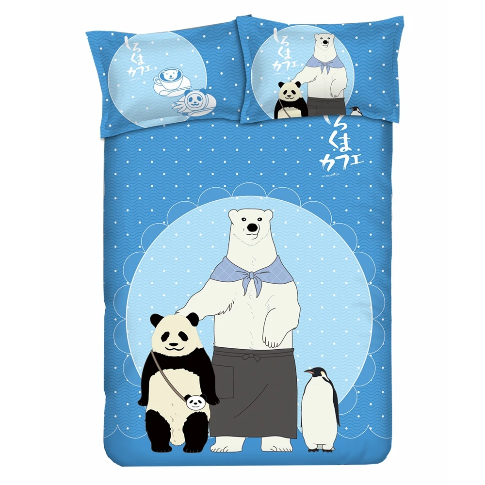 Anime JK Cartoon Shirokuma Cafe Panda Polar Bear Penguin Blue Comforter Set Bed Flat Sheet Quilt Cover Pillowcase Bedding Sets