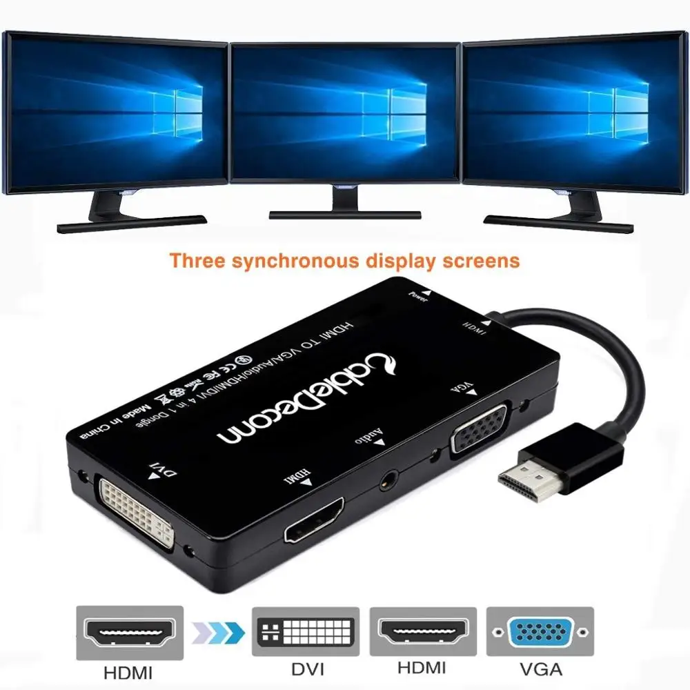 CableDeconn HDMI to HDMI VGA DVI Display Simultaneously Adapter 3.5mm Jack Audio With Micro USB Power Adapter Cable for Laptop