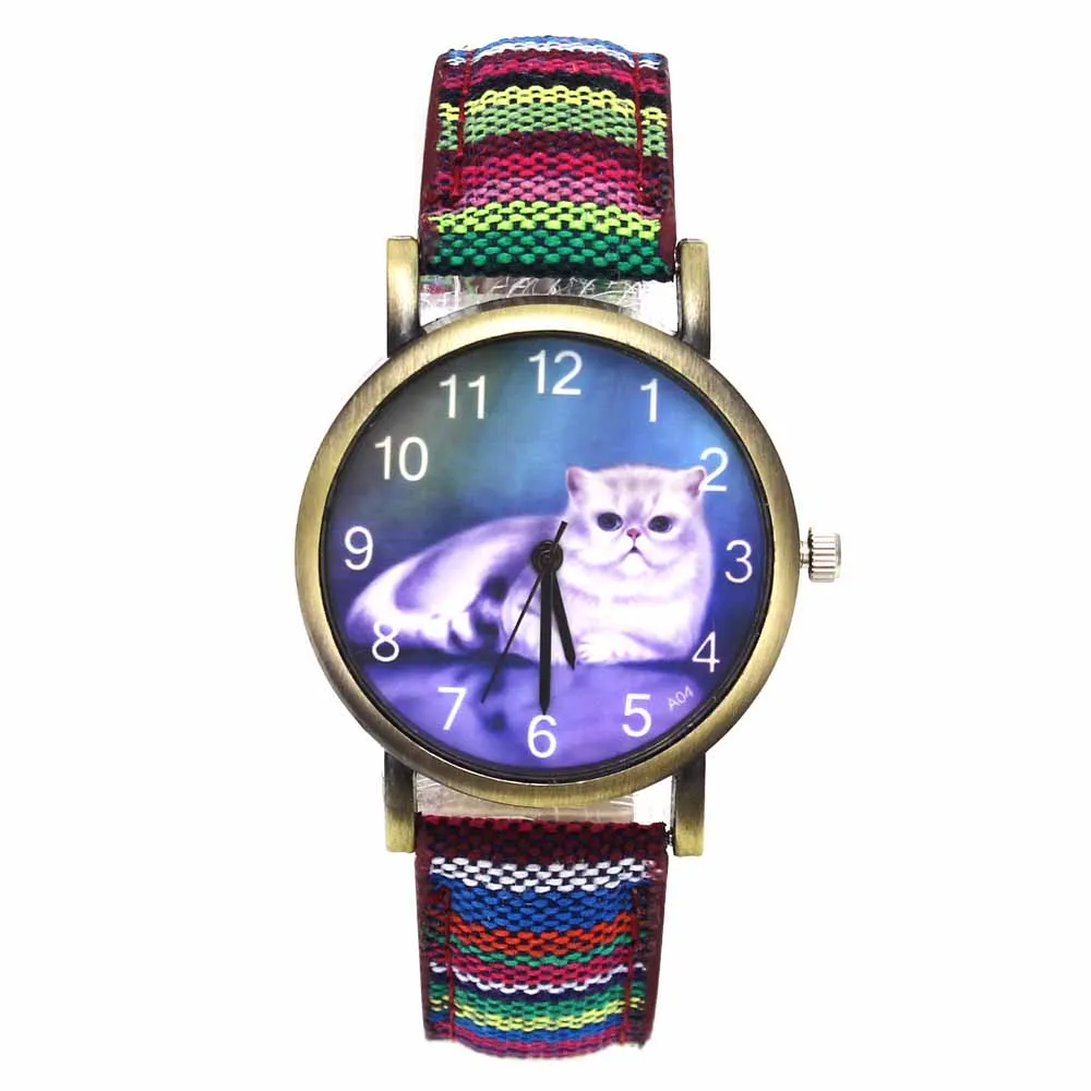 Cute Lucky Cat Pet Kitty Cheshire Cats Animal Quartz Watches Casual Women Ladies Girl Fashion Denim Stripes Wristwatch Watch