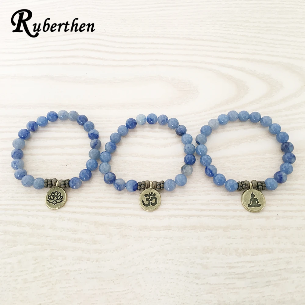 Ruberthen High Quality Handmade Bracelet Blue Aventurine Bracelet Antique Brass Om Buddhist Lotus Charm Lucky Bracelet