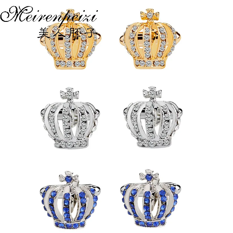 Crown Cufflinks For Men Women Classic Crystal Rhinestone Shirt Cufflinks Wedding Gifts Bling Cuff Links Jewelry Anniversary Gift