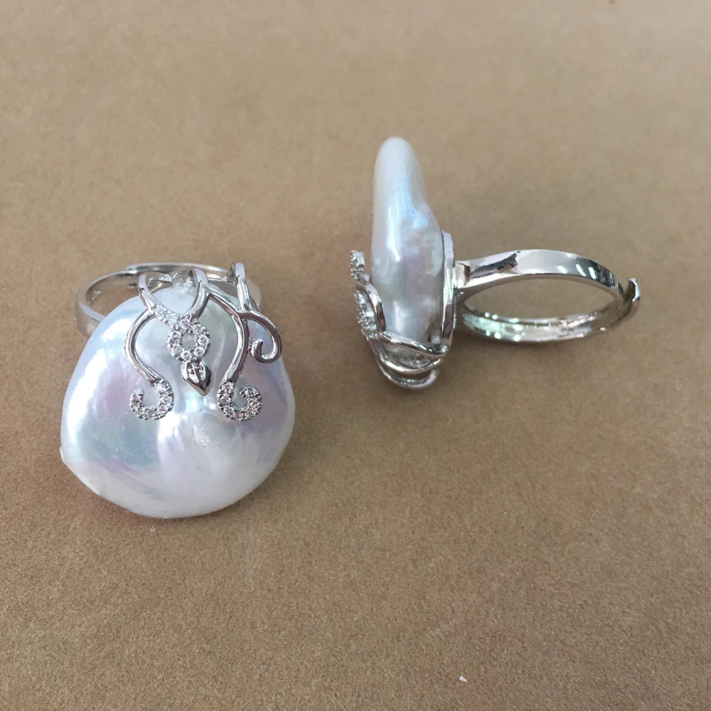 

Elegant Baroque Freshwater Pearl Ring 925 Sterling Silver Big Coin Shape Natural Gemstone 25-28mm Diameter Jewelry Accessory