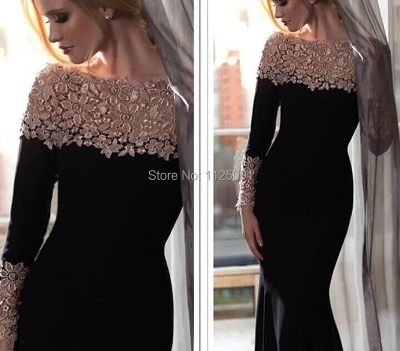 Elegant Black Evening Dresses Lace Appliques Boat Neck Formal Party Dresses Long Sleeevs Long Prom Dresses Custom Made