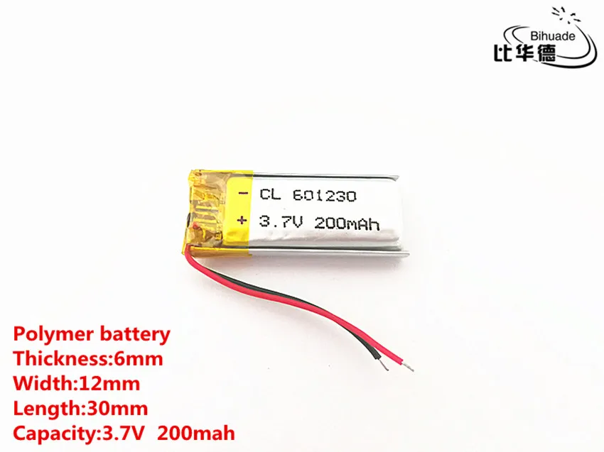 3.7 V, 200 mAH, 601230, polimerowa bateria litowo-jonowa/akumulator litowo-jonowy do TOY, POWER BANK, GPS, mp3, mp4