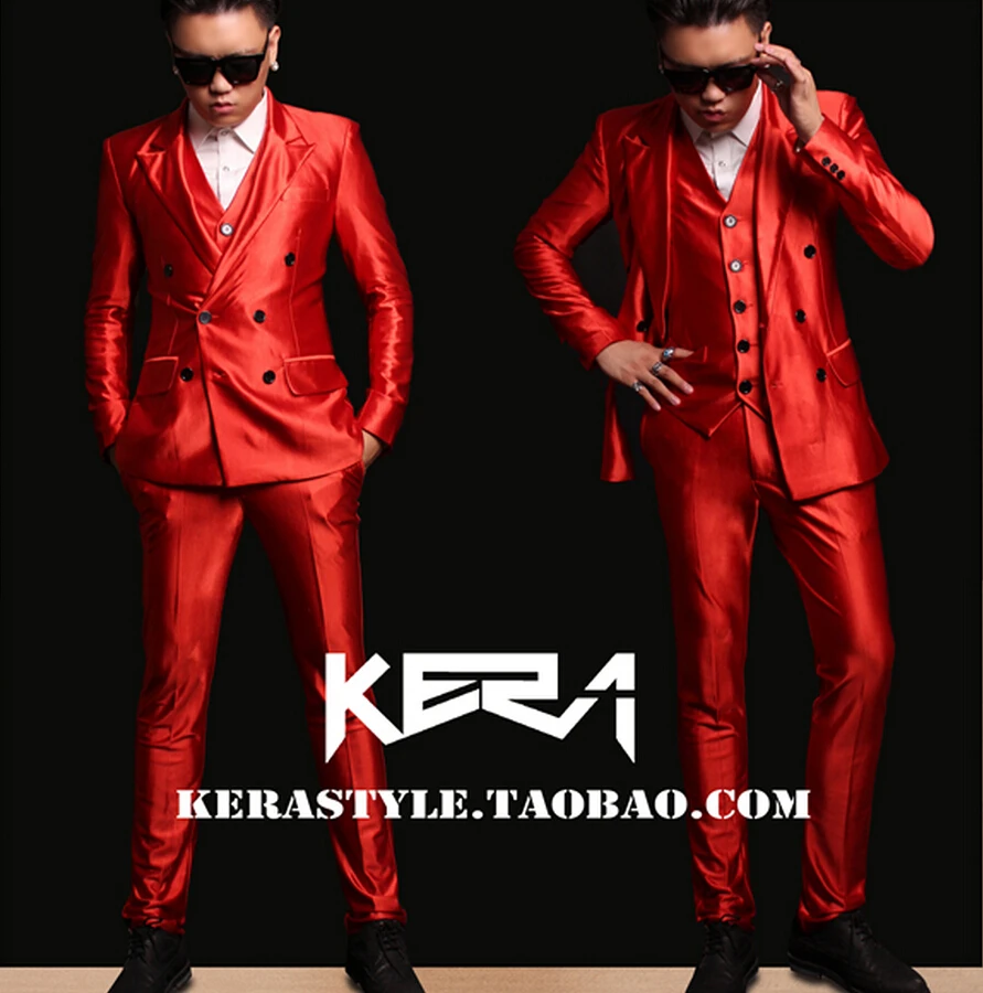 Bar New Men's Fashion Slim Blazers Coat DJ Male Singer Red High-grade Satin Suit Jacket Costumes Double Breasted Dress Clothing