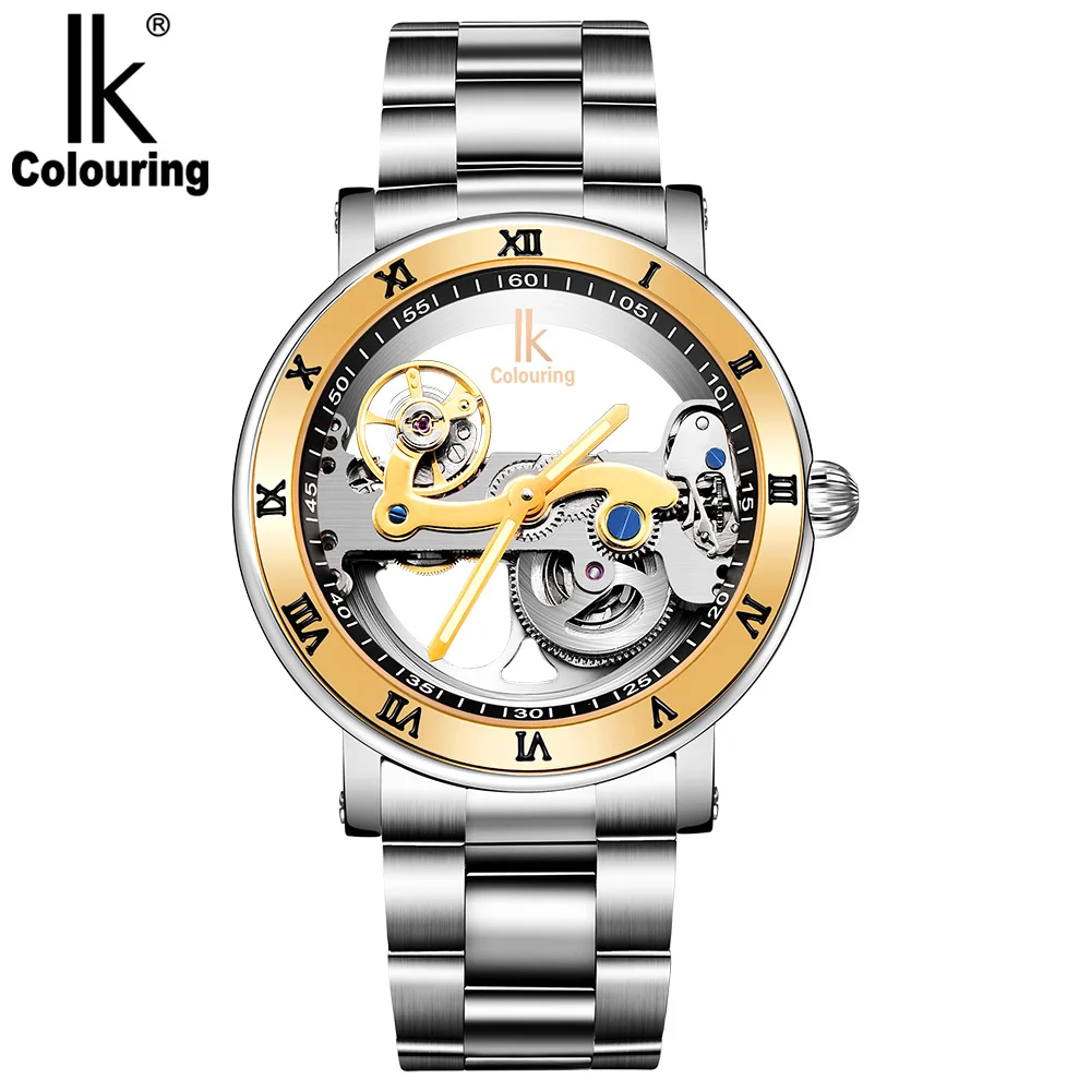 IK Coloring Original Men\'s Mechanical Bridge Skeleton Watch Stainless Steel Male Clock Automatic Relogio Masculino