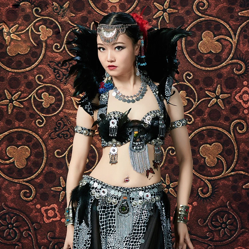 ATS 2019 Women Tribal Belly Dance Clothes 3 Pieces Outfit Set Antique Bronze Crocodile Print Bra Belt Gypsy Dance Plume Costume