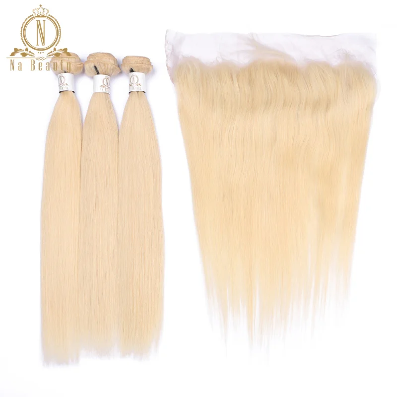 Brazilian Human Hair Extensions 613 Blonde Color 3 Bundles With 13*4 Closure Lace Frontal Non-Remy Hair Pre Plucked Na Beauty