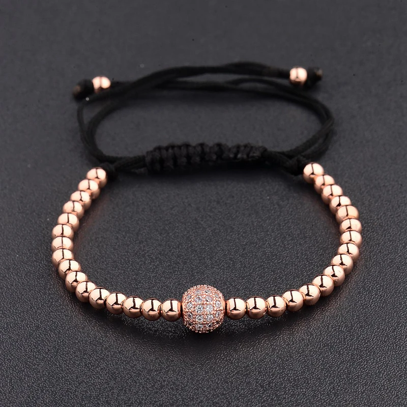 Braided Charm Men CZ Zircon Pave Copper Ball Bracelets Round 4mm Beads Gold Color Macrame Bracelets Party Gift AB1004