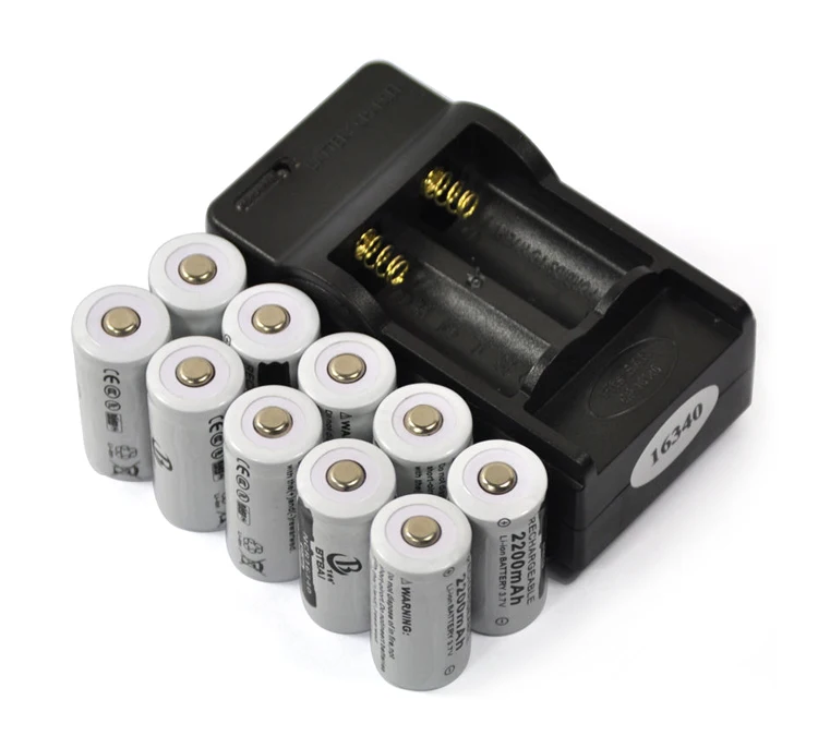 10 PCS 3.7V 2200mAh 16340 CR123A Rechargeable Li-ion Battery + 1PCS 2-slot Travel Battery Charger for Flashlight Lithium Battery