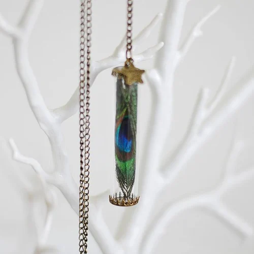 2PCS 60x12mm Glass Tube real peacock necklace terrarium necklace  Feather Terrarium Bird Pendant Magical Jewelry